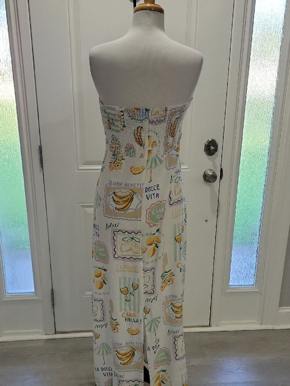 Strapless Linen Blend Pastel Print Maxi Dress - White & Yellow - Picture 7 of 10